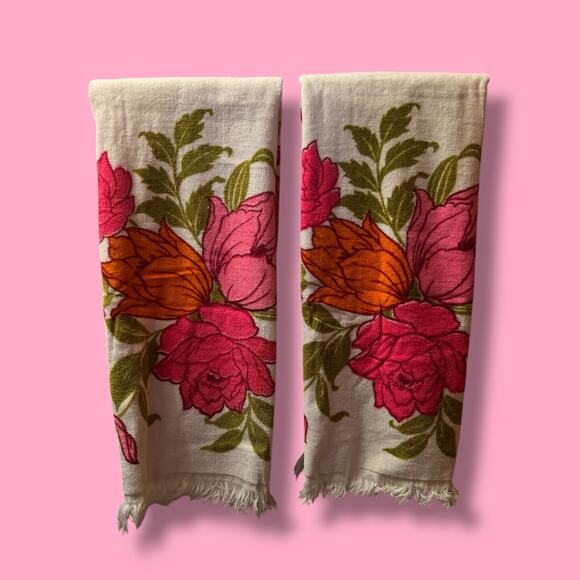 Vintage 60s Sun Glow Fuchsia Pink Orange Floral Bath Towel Set Pair Made in USA - Picture 9 of 13